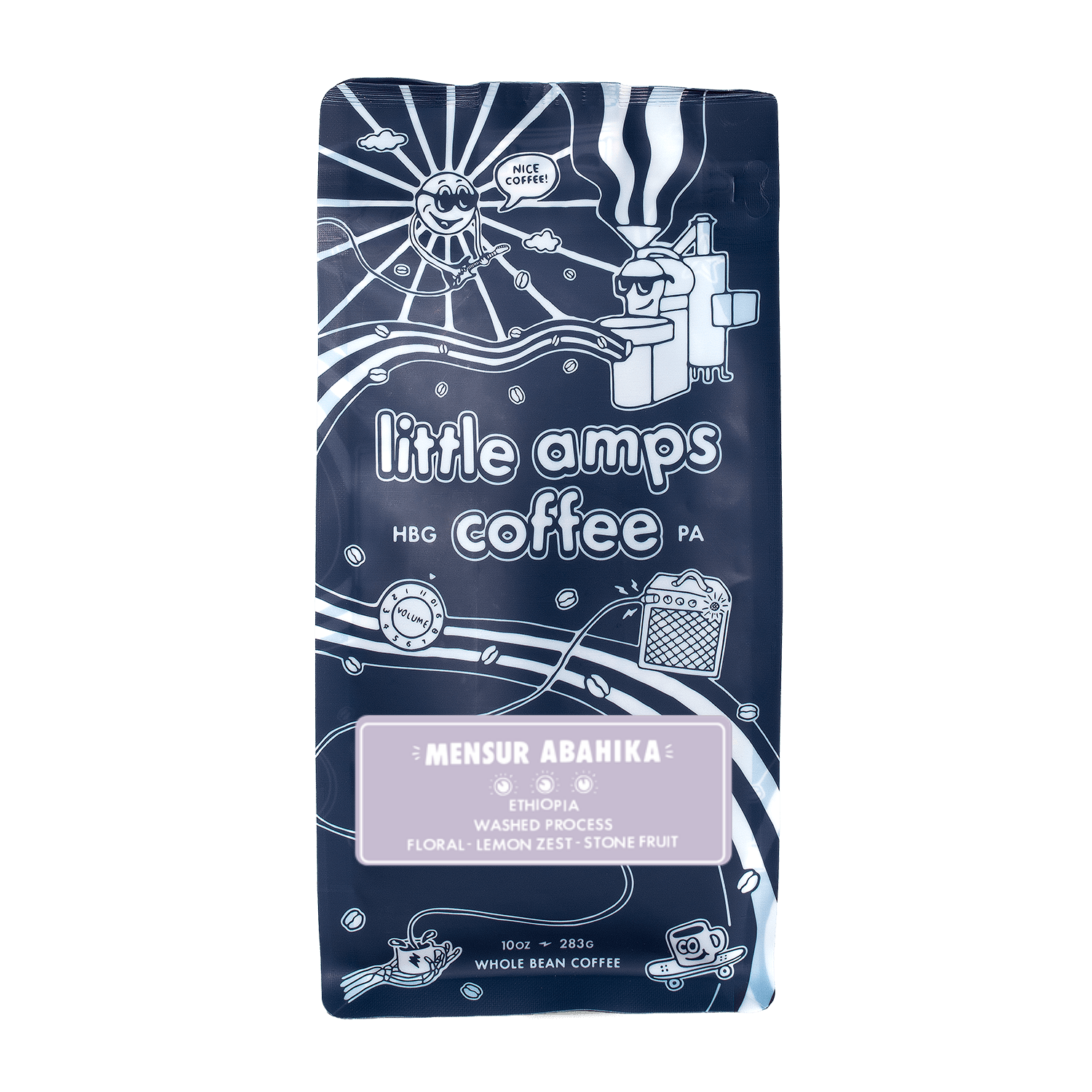 Navy blue bag of whole bean Ethiopian coffee with white illustrations 